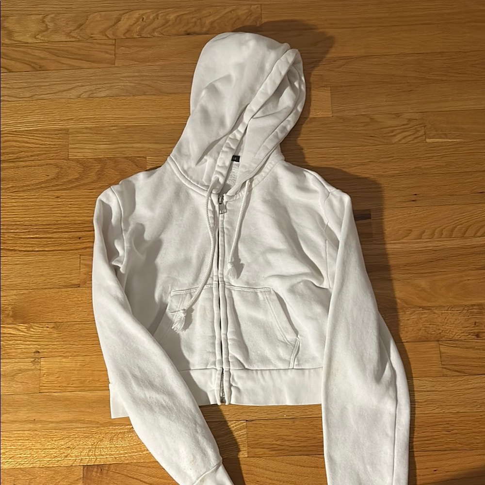 Brandy Melville White Cropped Hooded Jacket with Zipper